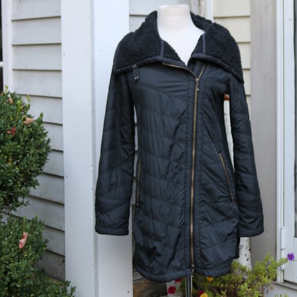 Prana Diva Black Quilted Fleece Lined Diagonal Zipper Fold Over Collar Jacket - Picture 1 of 11